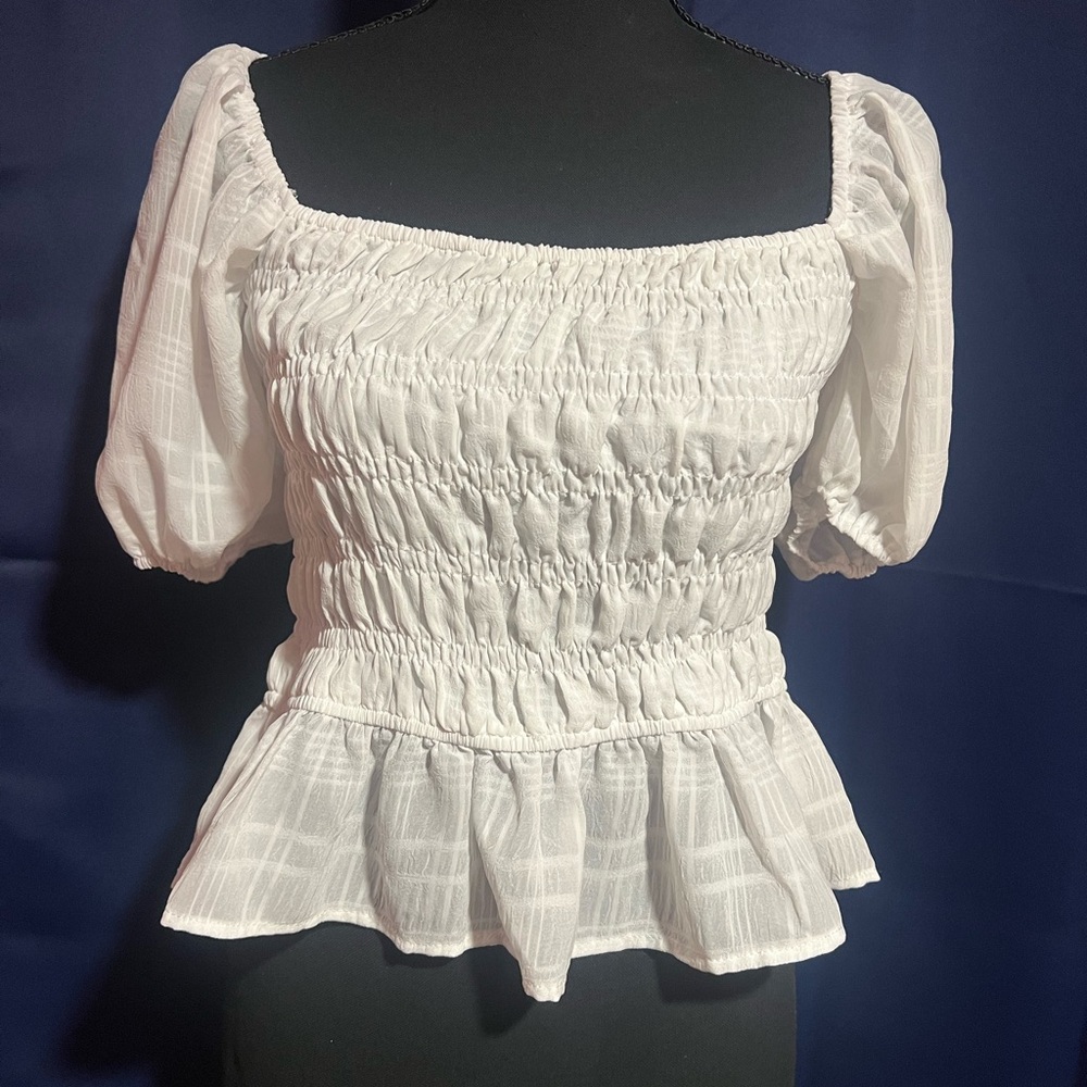 entro White Smocked Peplum Puff Sleeve Blouse CROP